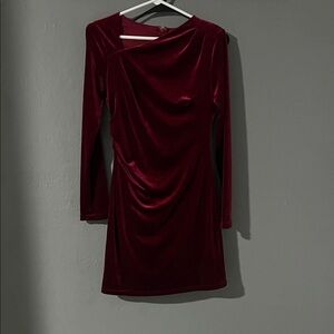 She + Sky Long-Sleeve Velvet Dress in Burgundy